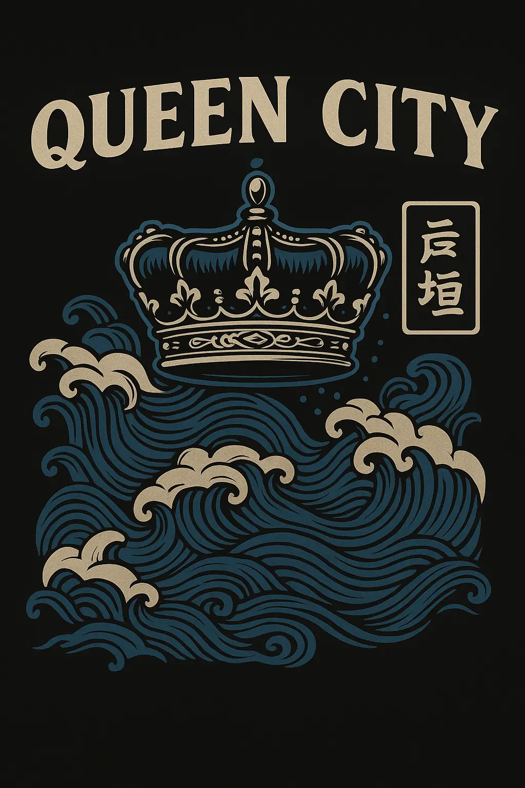 Crown and waves graphic with “Queen City” text and Japanese characters on black T-shirt design.