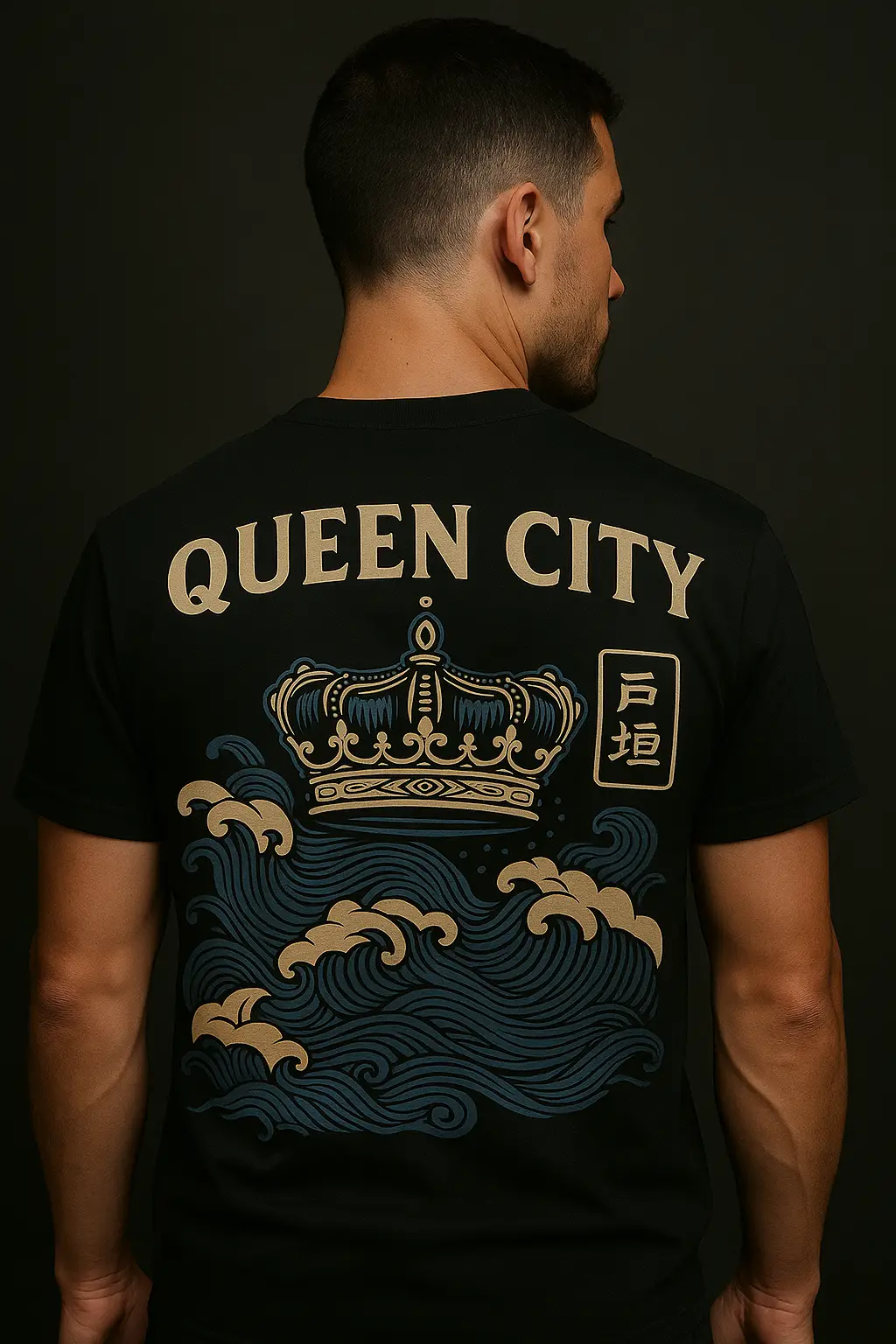 Back of a black T-shirt with an ornate crown and swirling waves, labeled “Queen City” in bold beige letters.