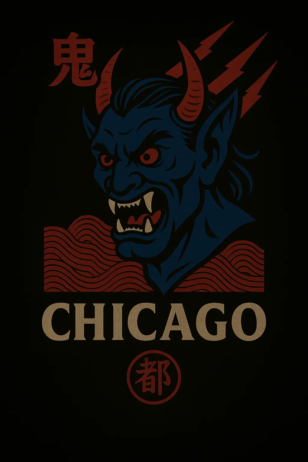 Blue oni demon head with red horns, lightning bolts, and fierce expression above the word “CHICAGO.” Japanese Kanji characters for “Oni” and “Metropolis” appear in red, creating a bold Japanese-meets-Chicago streetwear design.