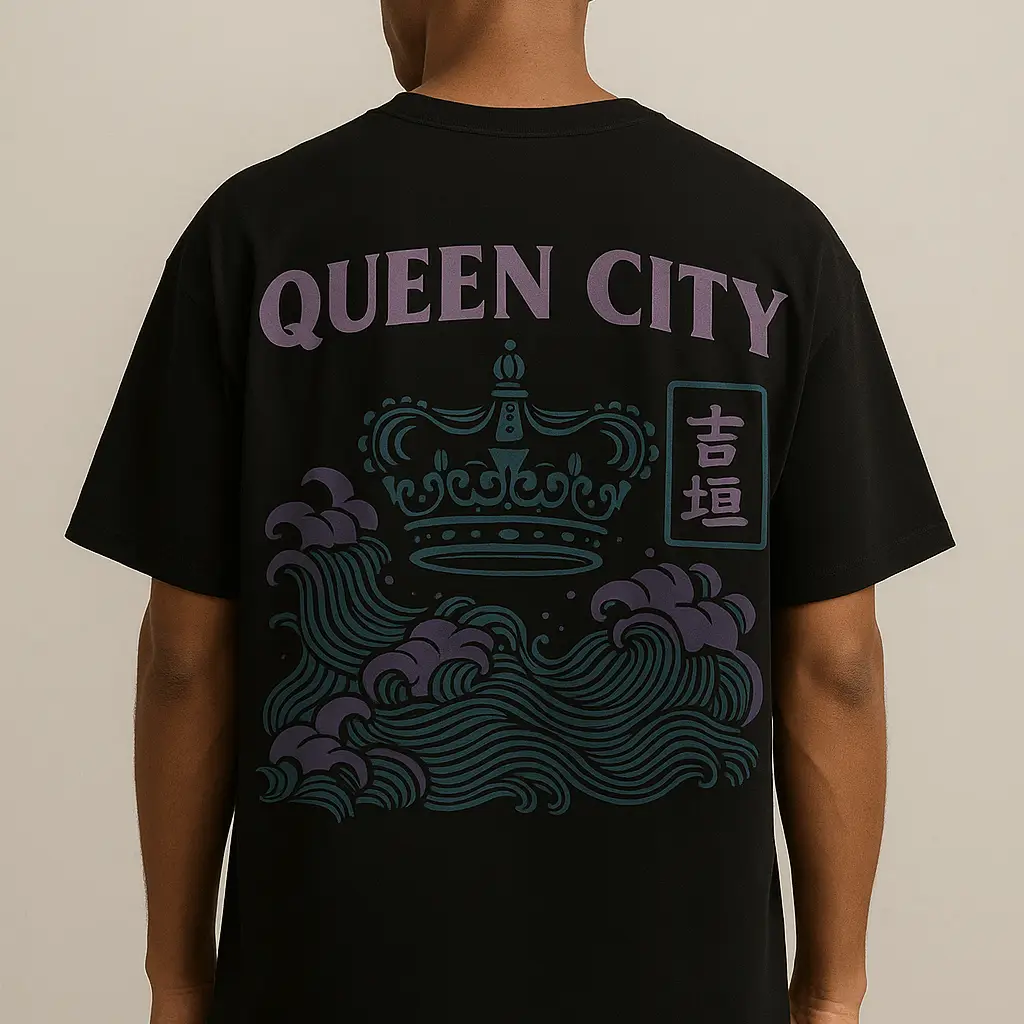 Back of the Queen Sting black oversized t-shirt featuring “Queen City” text, a teal crown above Japanese waves, and purple kanji – Charlotte-inspired streetwear design.