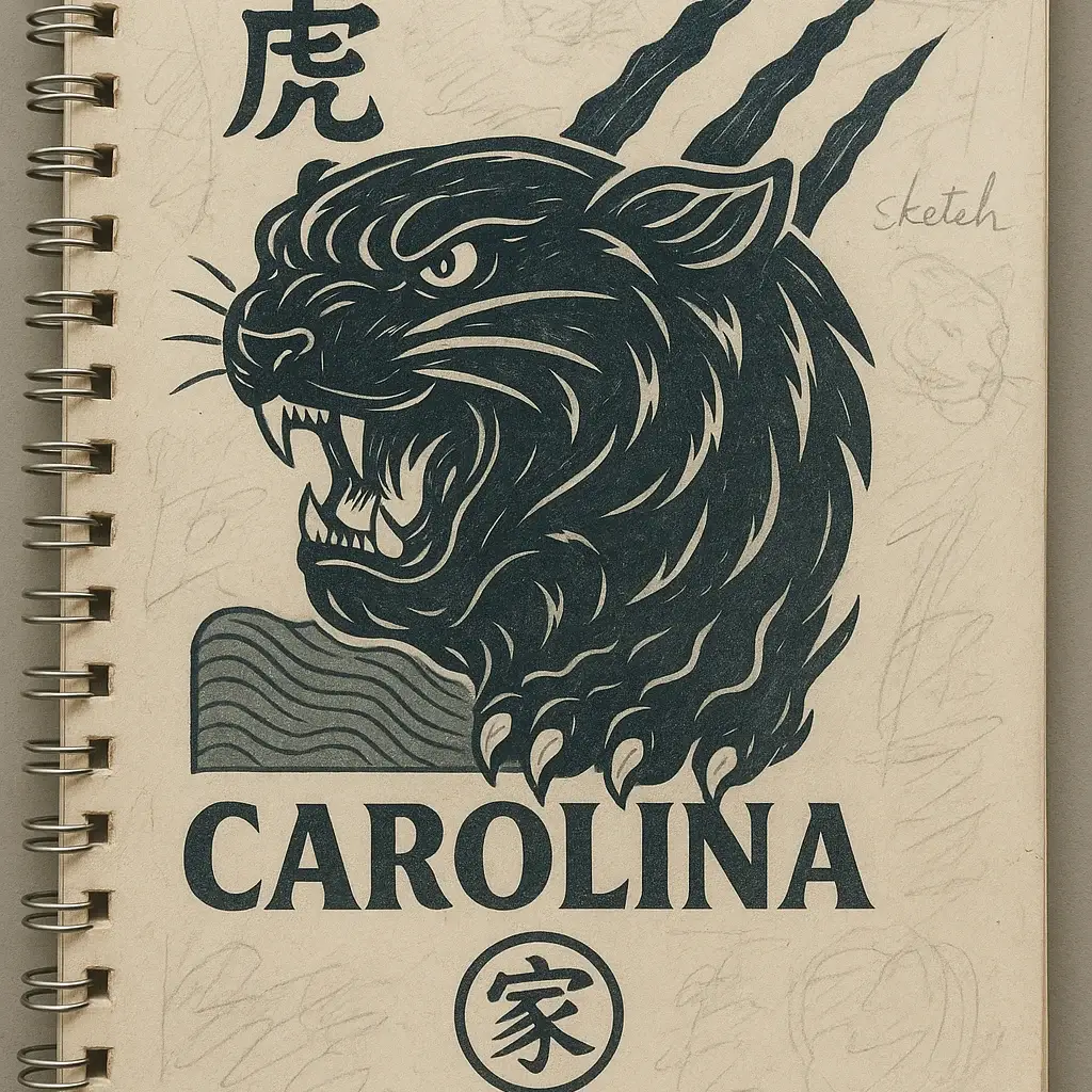 Sketchbook mockup featuring a bold, Japanese-inspired Carolina panther kami design with kanji, wave details, and the word “CAROLINA” in a streetwear style.