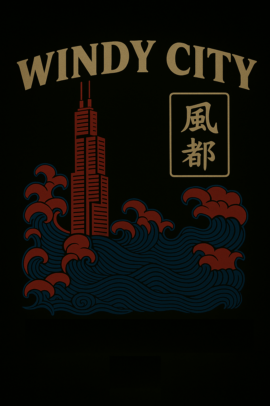 Stylized illustration of the Willis Tower rising through deep blue Japanese waves with red crests. “WINDY CITY” text arches above with gold Kanji inside a framed box meaning “Wind City.”